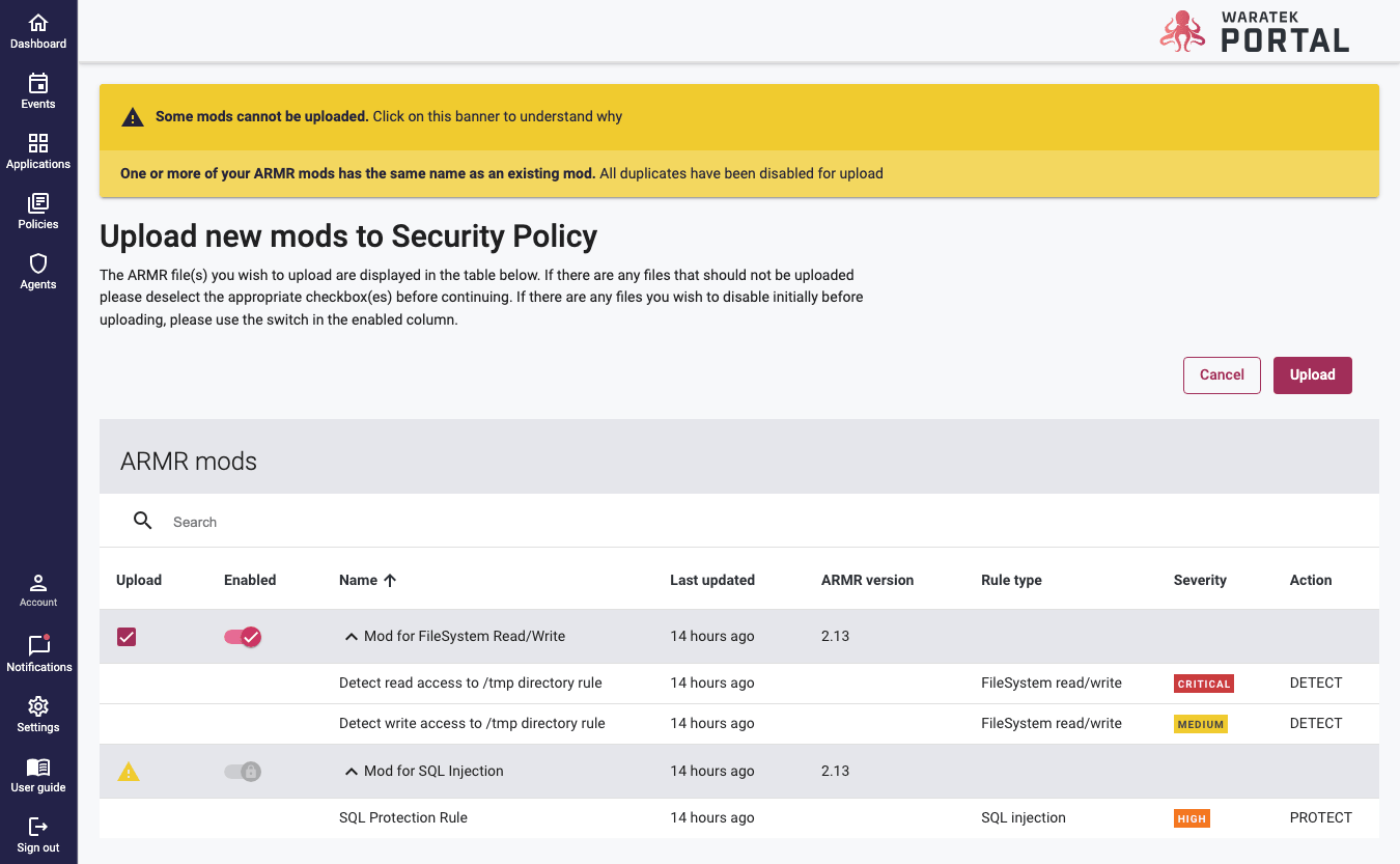 ARMR Mod upload modal listing Mods and Rules with a conflict warning banner