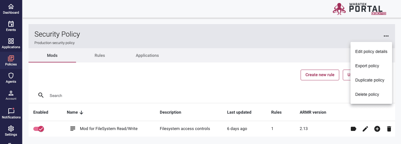 Screenshot of the Export Policy option in the Policy Details page More menu