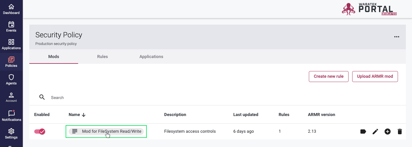 Policy Details page showing the Mod for SQL Injection with icon to click for details