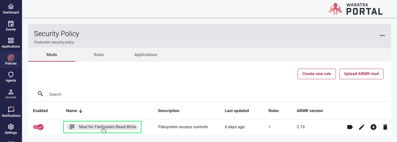 Policy Details page showing the Mod for SQL Injection with icon to click for details