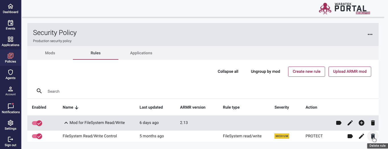 Screenshot of the confirmation modal for deleting a Mod's last remaining rule