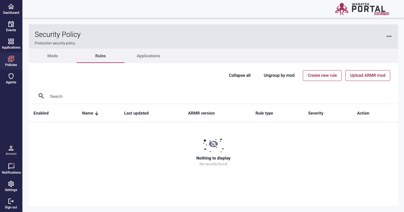 Screenshot of the empty Rules list shown for a newly created policy with no rules yet