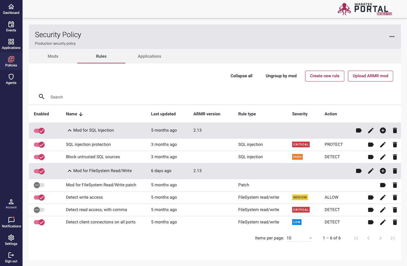 Screenshot of the Rules list grouped by parent Mod on the Policies page