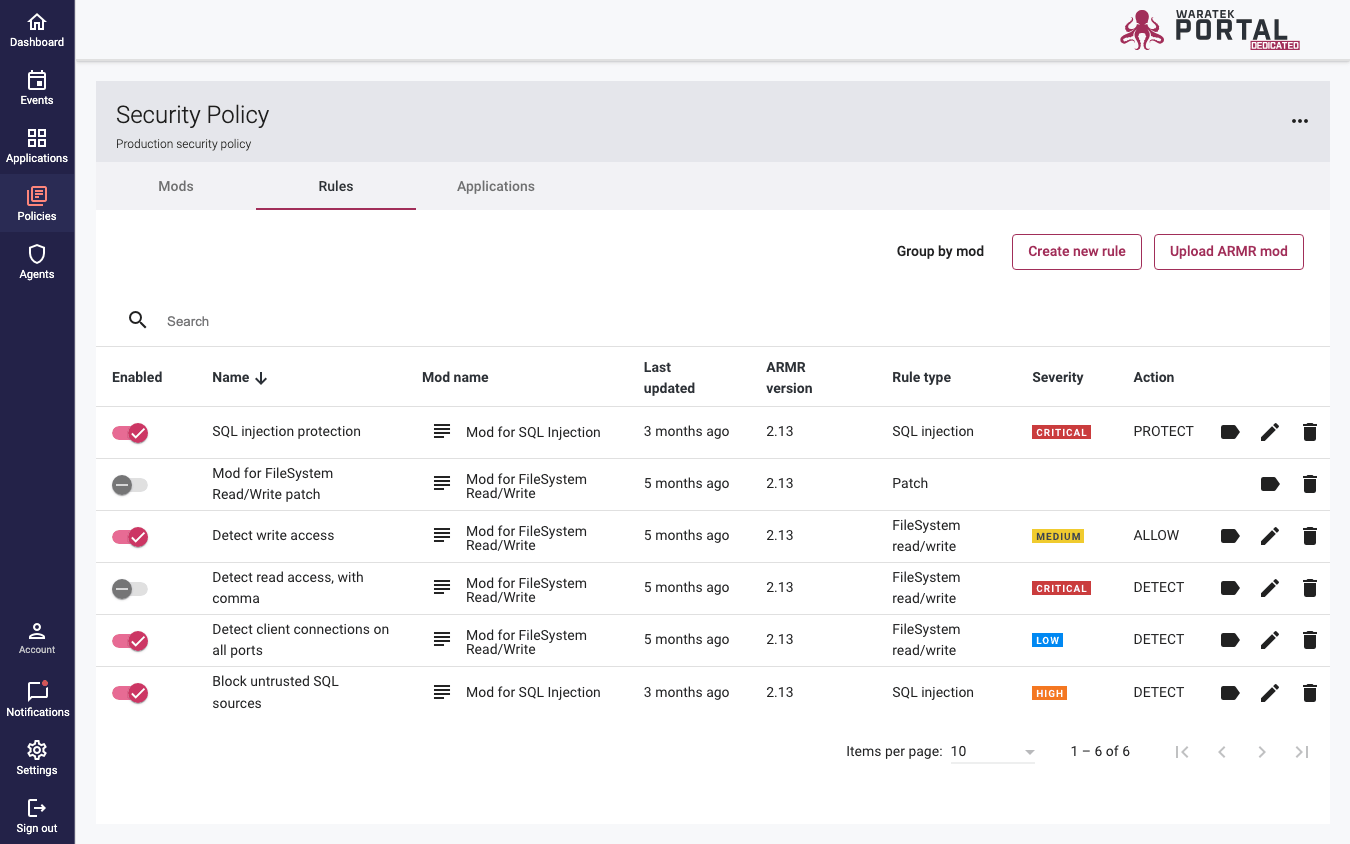 Screenshot of the flat, ungrouped Rules list on the Policies page