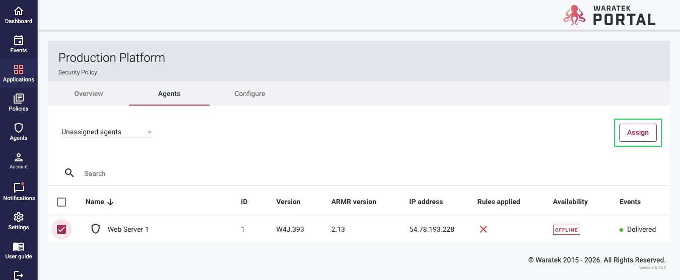 Screenshot of an unassigned agent selected with a checkbox and the Assign button highlighted
