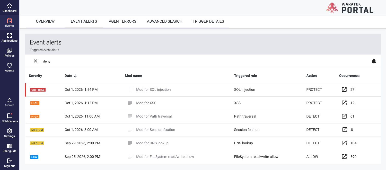 Screenshot of the Events table view reached from a dashboard summary card link