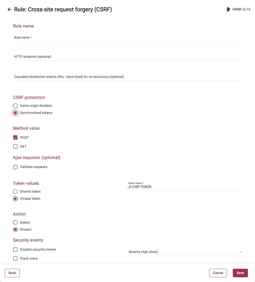 Rules Wizard Synchronized Tokens Options for the Cross-Site Request Forgery rule
