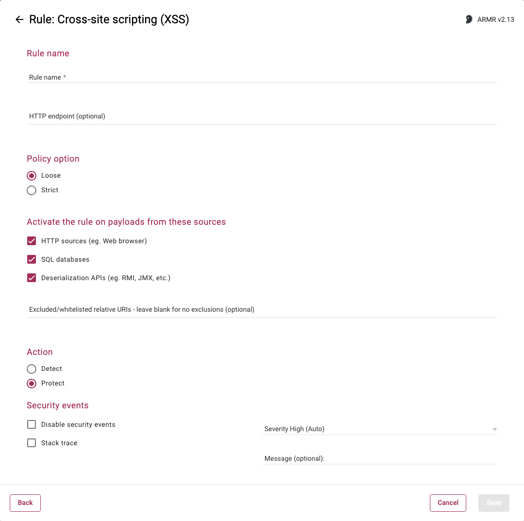 Rules Wizard Rule Options page for the Cross-Site Scripting XSS rule
