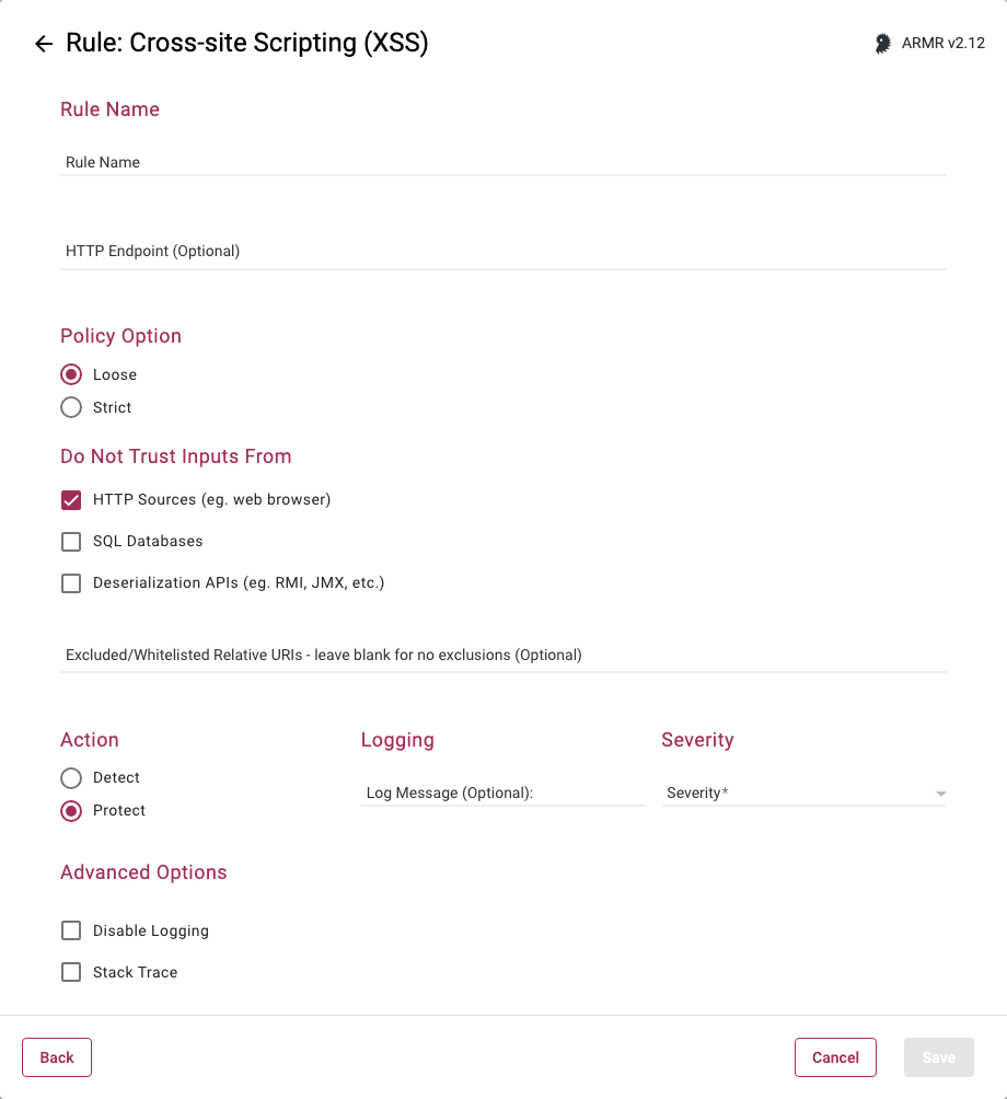 Rule Wizard Rule Options page for the Cross-Site Scripting XSS rule