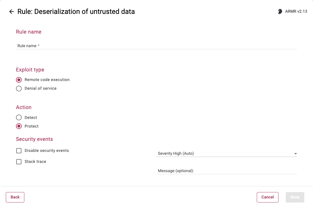 Rules Wizard Rule Options page for the Deserialization of Untrusted Data rule