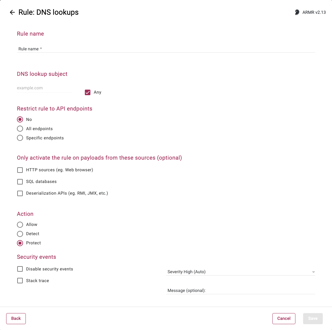 Rules Wizard Rule Options page for the DNS Lookups rule