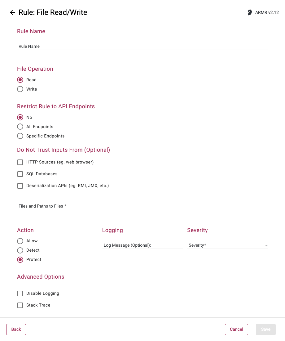 Screenshot of the File Read/Write rule creation form in the Rules Wizard