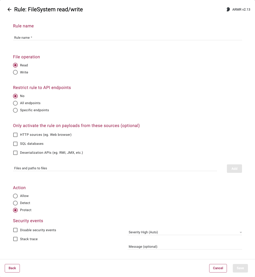 Screenshot of the File Read/Write rule creation form in the Rules Wizard