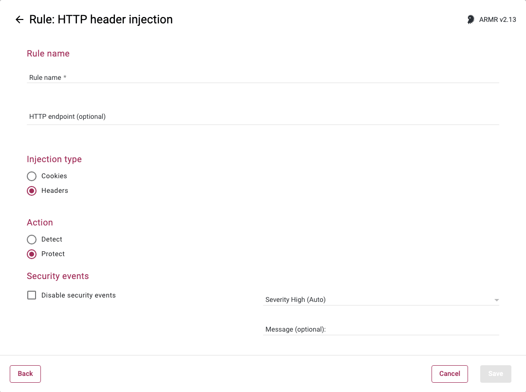 Rules Wizard Rule Options page for the HTTP header injection rule