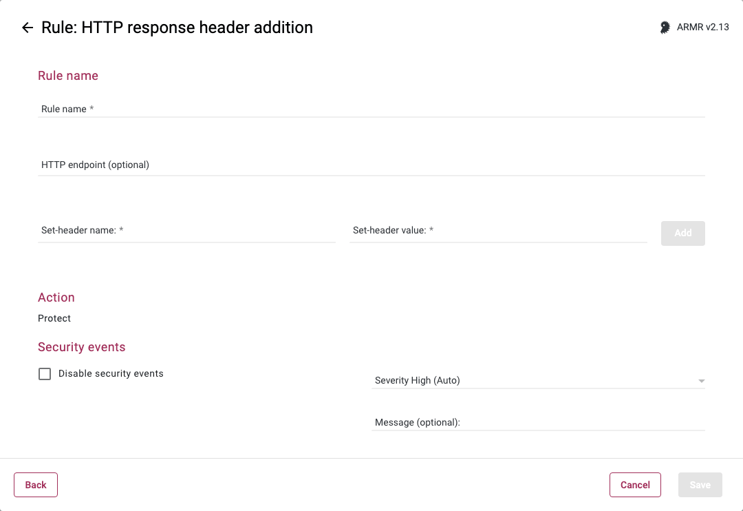 Rules Wizard Rule Options page for the HTTP response header addition rule