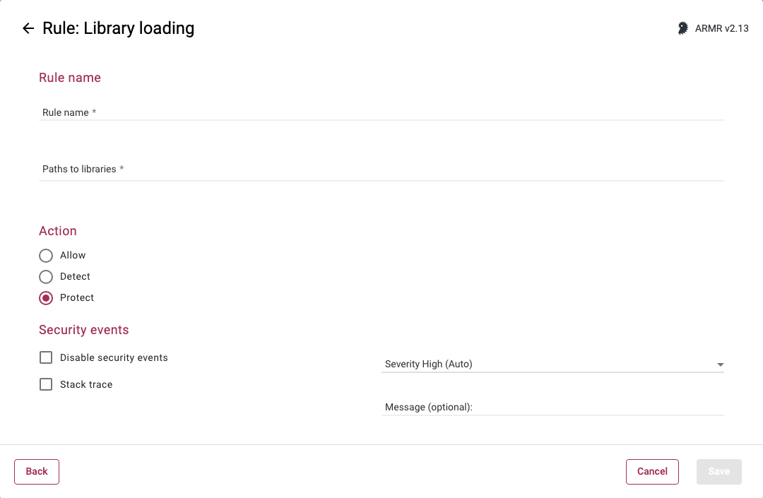 Rules Wizard Rule Options page for the Library loading rule