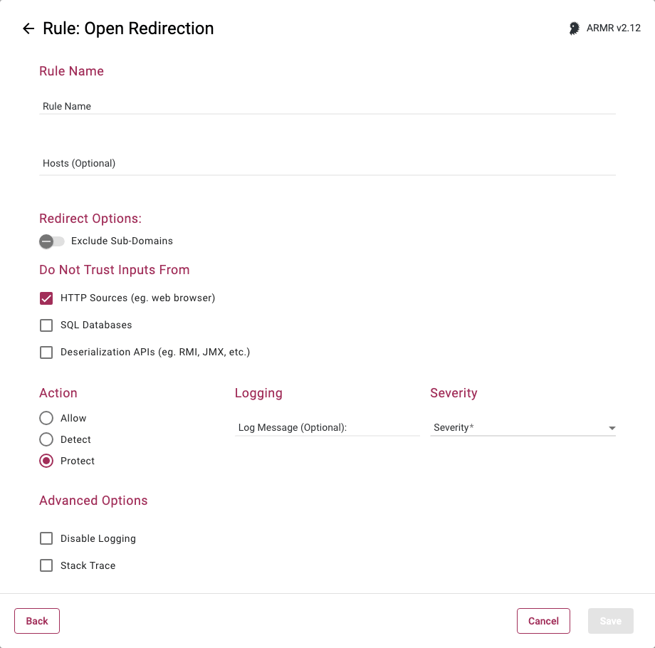 Rule Wizard Rule Options page for the Open Redirection rule showing the Hosts field and Allow action