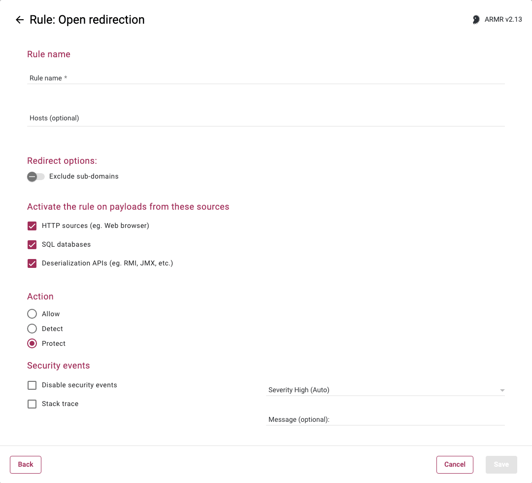 Rules Wizard Rule Options page for the Open redirection rule showing the Hosts field and Allow action