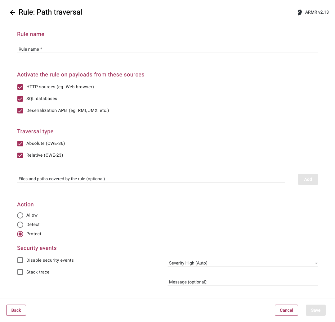 Rules Wizard Rule Options page for the Path Traversal rule