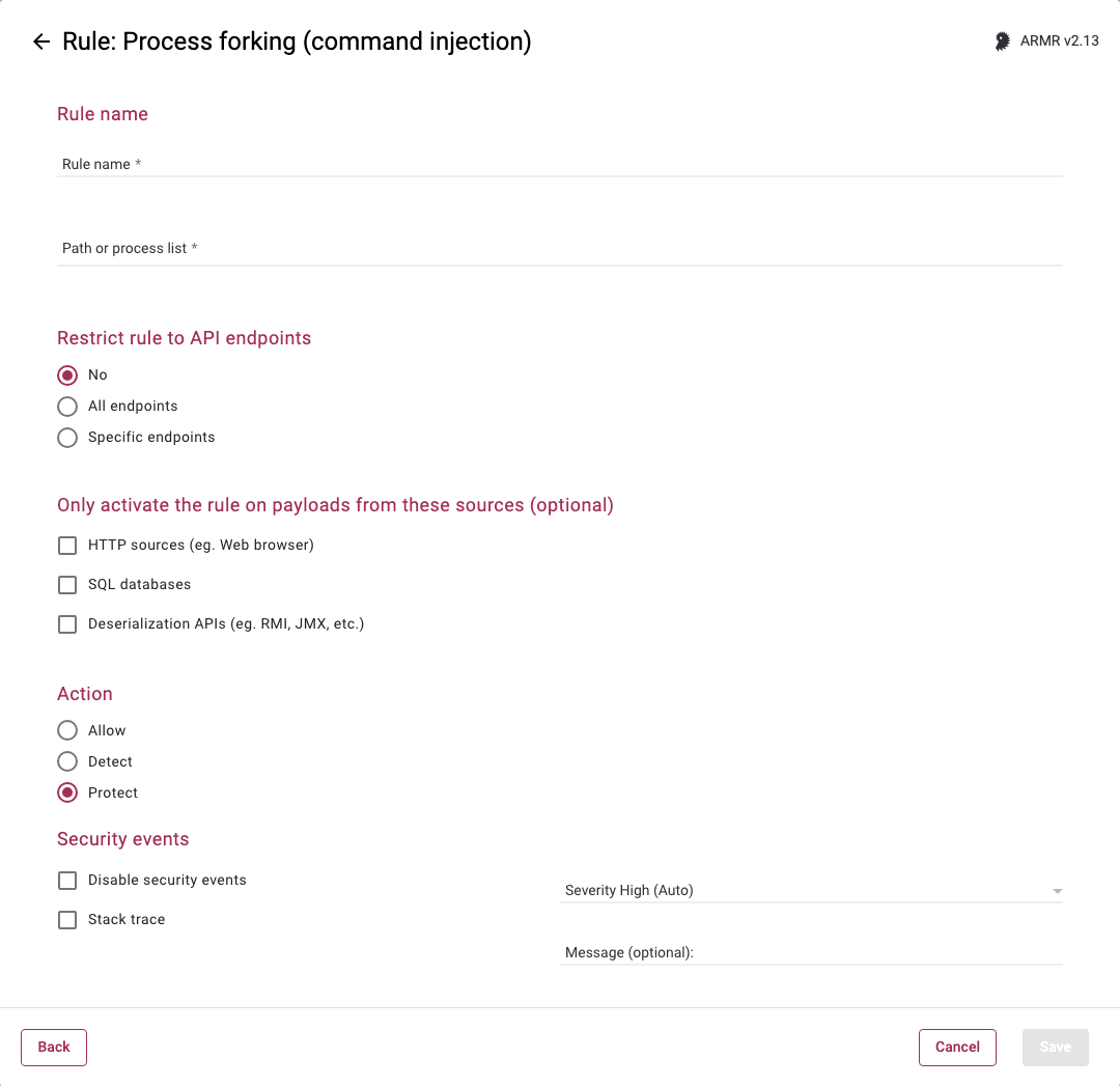 Rules Wizard Rule Options page for the Process Forking Command Injection rule