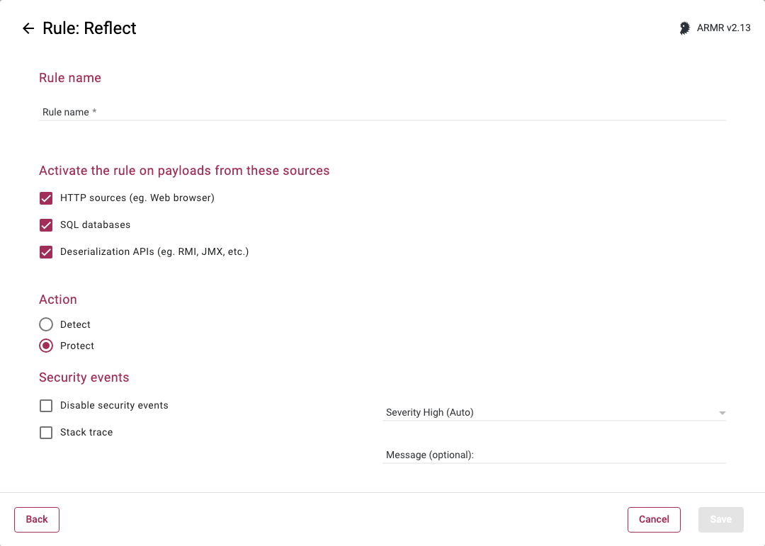 Rules Wizard Rule Options page for the Reflect rule