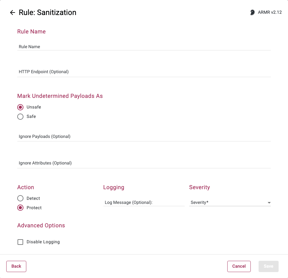 Rule Wizard Rule Options page for the Sanitization rule