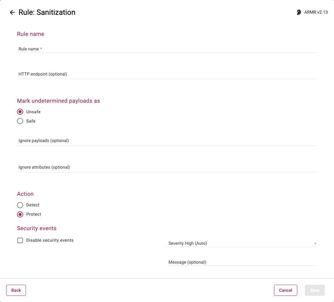Rules Wizard Rule Options page for the Sanitization rule