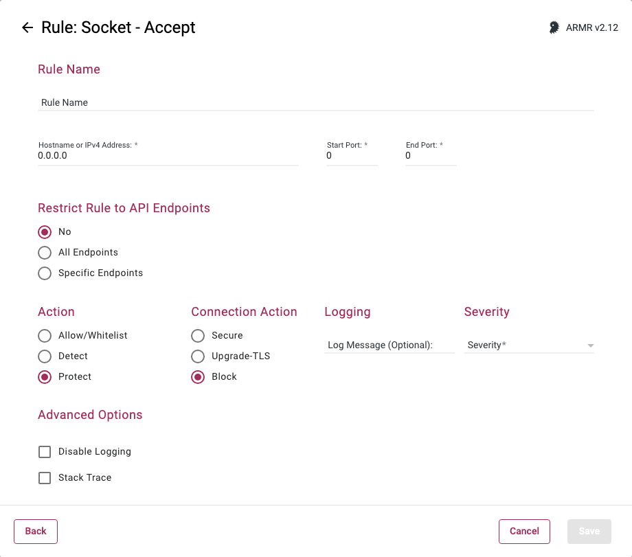Rule Wizard Rule Options page for the Socket Accept rule