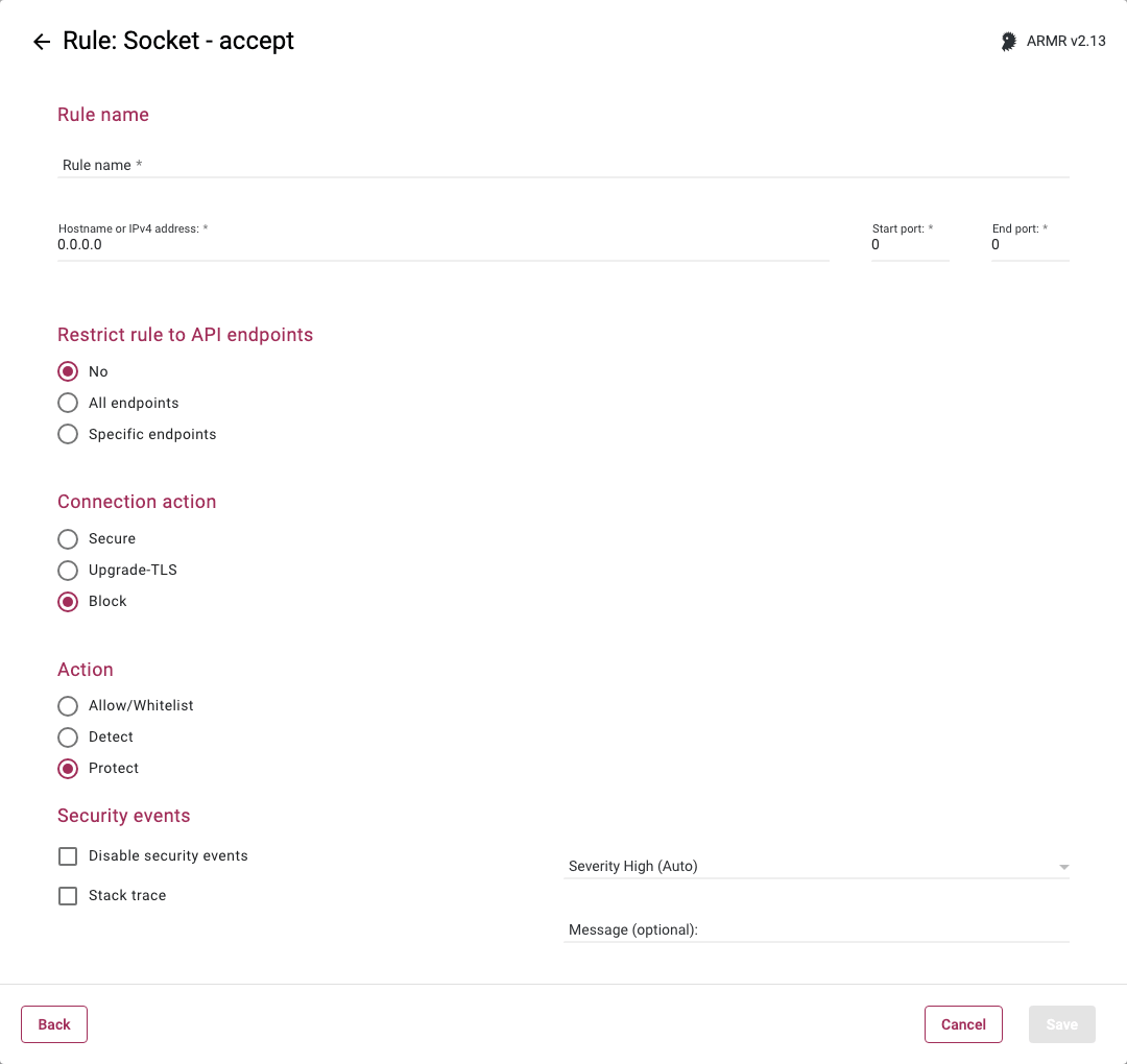 Rules Wizard Rule Options page for the Socket Accept rule