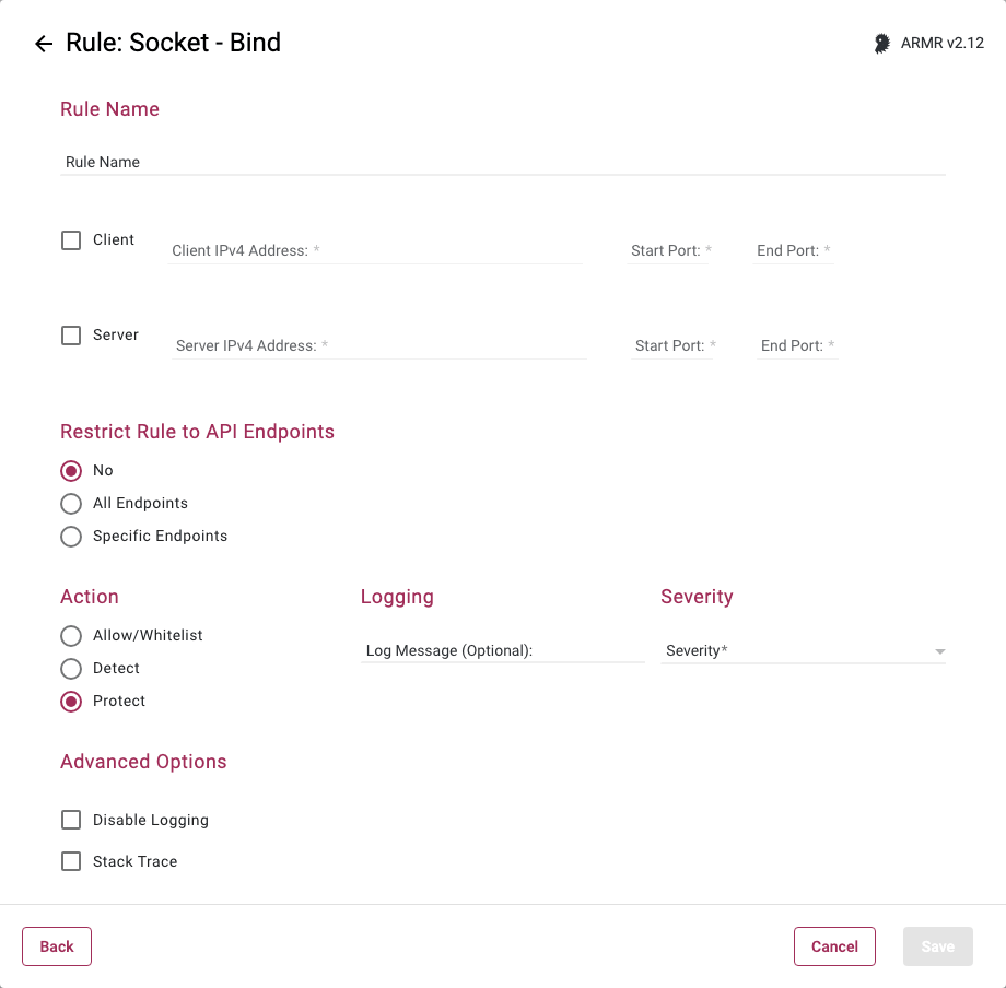 Rule Wizard Rule Options page for the Socket Bind rule