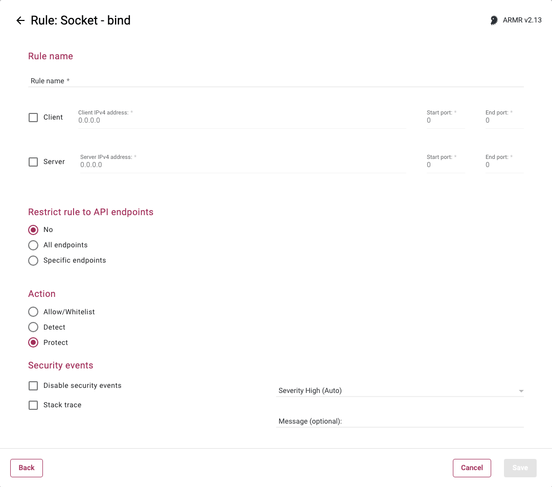 Rules Wizard Rule Options page for the Socket Bind rule