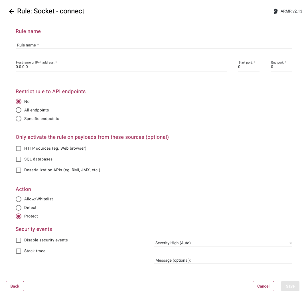 Rules Wizard Rule Options page for the Socket Connect rule