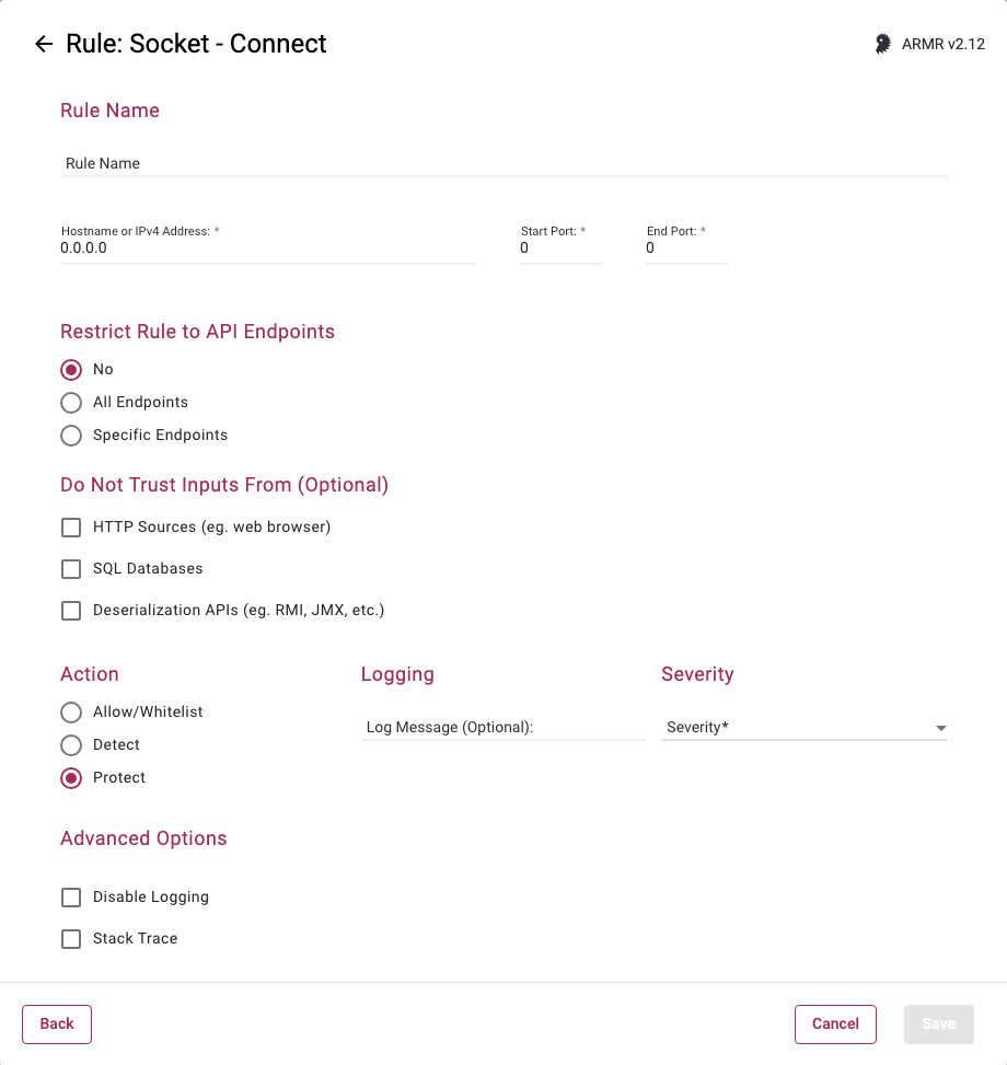 Rule Wizard Rule Options page for the Socket Connect rule