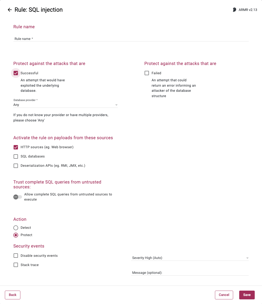 Rules Wizard Rule Options page for the SQL Injection rule