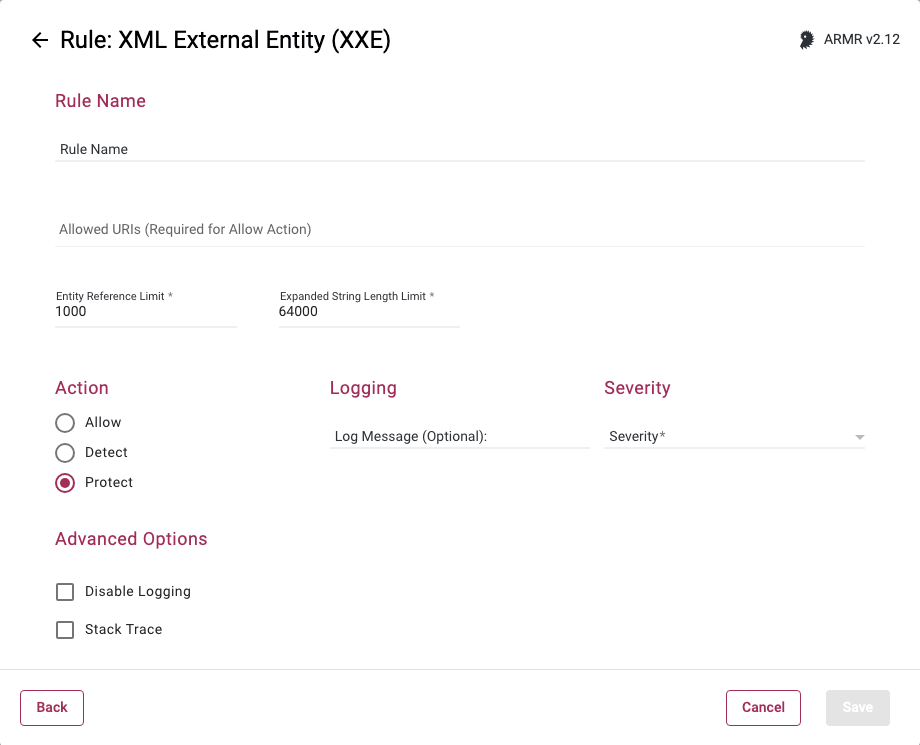 Rule Wizard Rule Options page for the XML External Entity XXE rule
