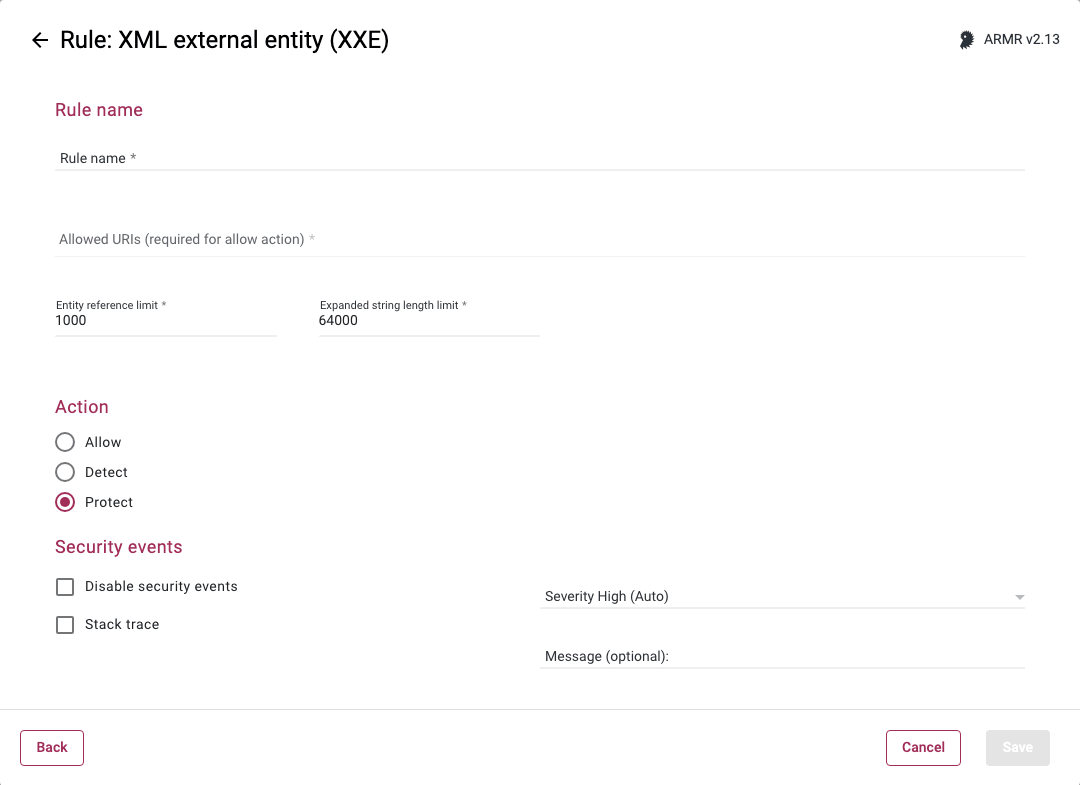 Rules Wizard Rule Options page for the XML External Entity XXE rule