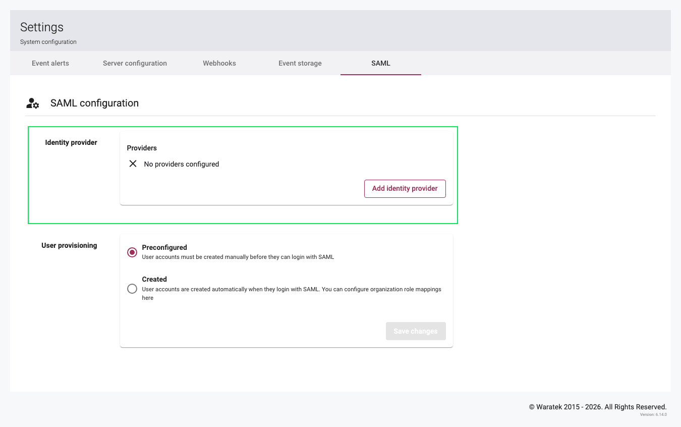 SAML settings page showing the empty Identity Provider state