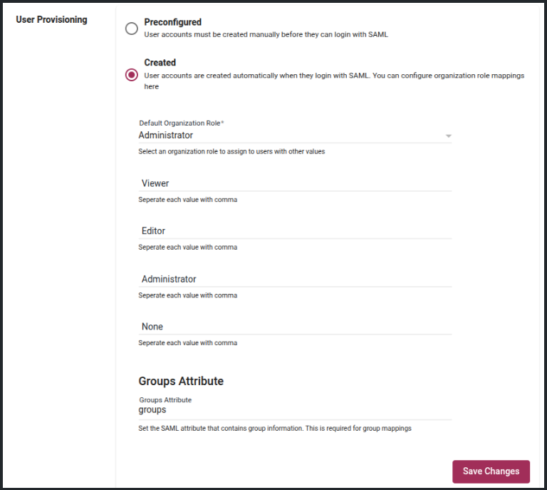 SAML tab showing the Groups Attribute field after selecting Created user provisioning