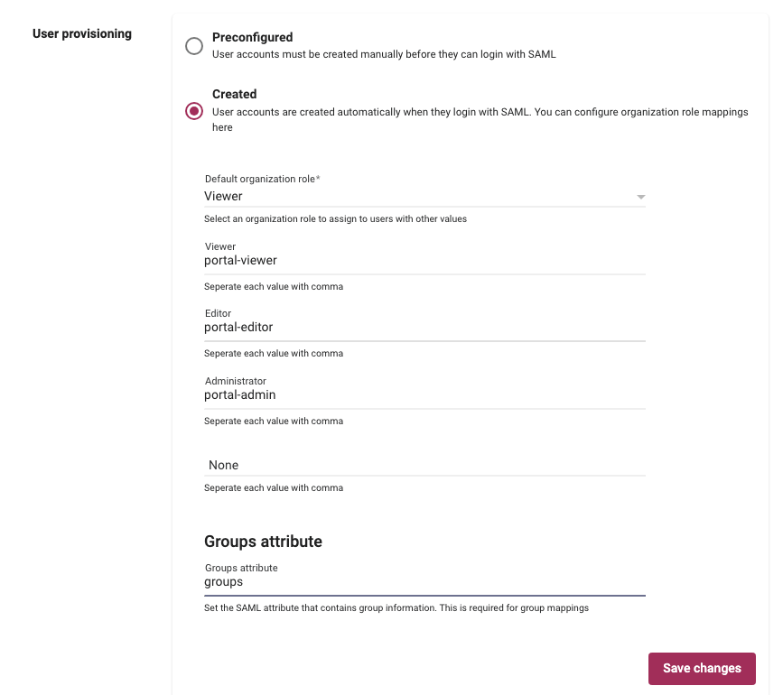 SAML tab showing the Groups Attribute field after selecting Created user provisioning