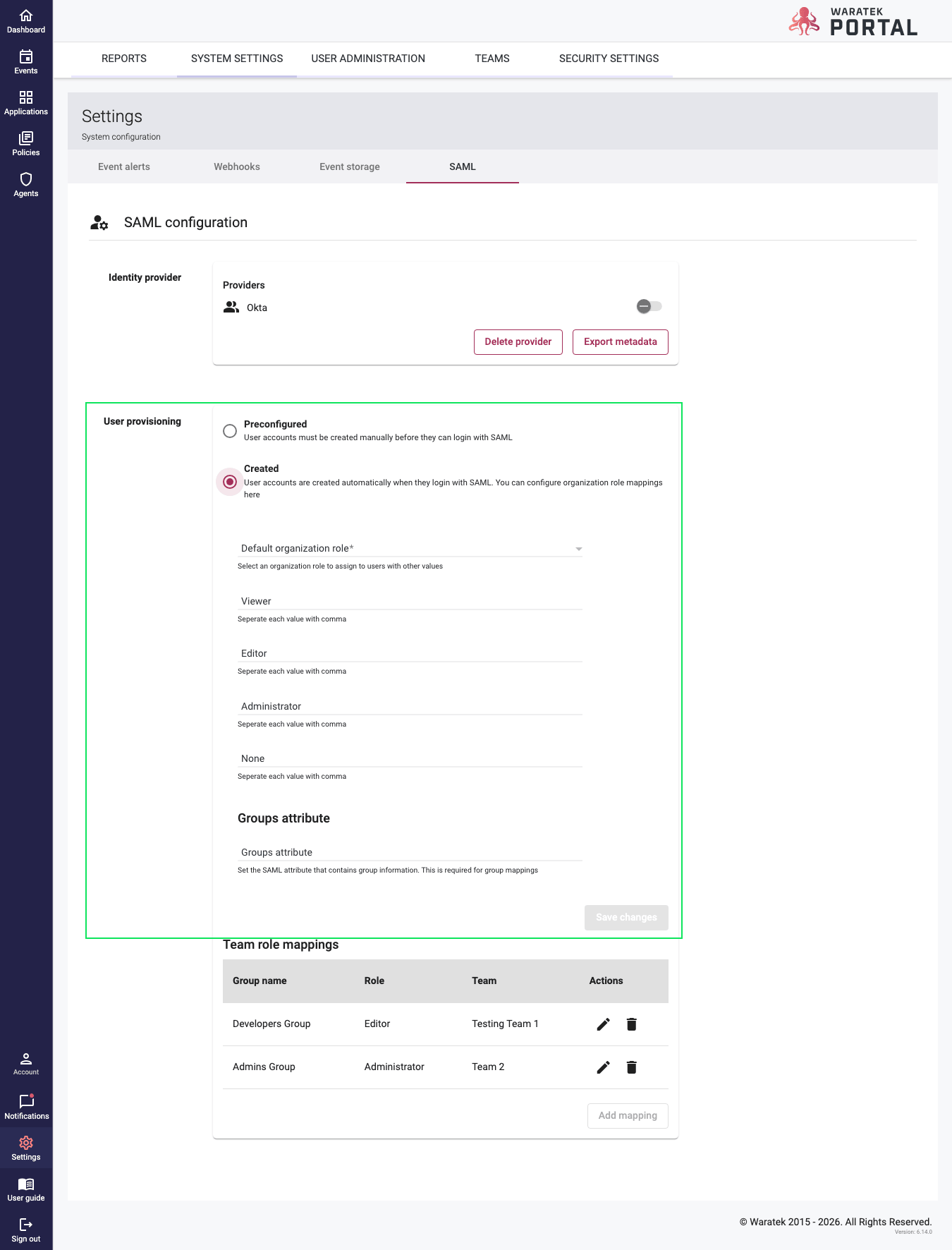 Screenshot of the User Provisioning section on the SAML settings page