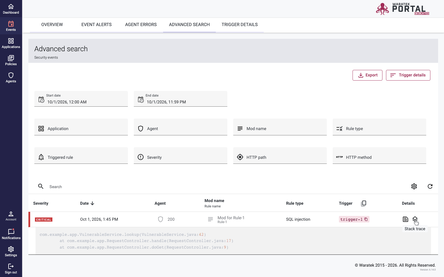 Screenshot of the Details column in the Advanced Search table, with the Details and Stack Trace buttons and an expanded stack trace below the event row