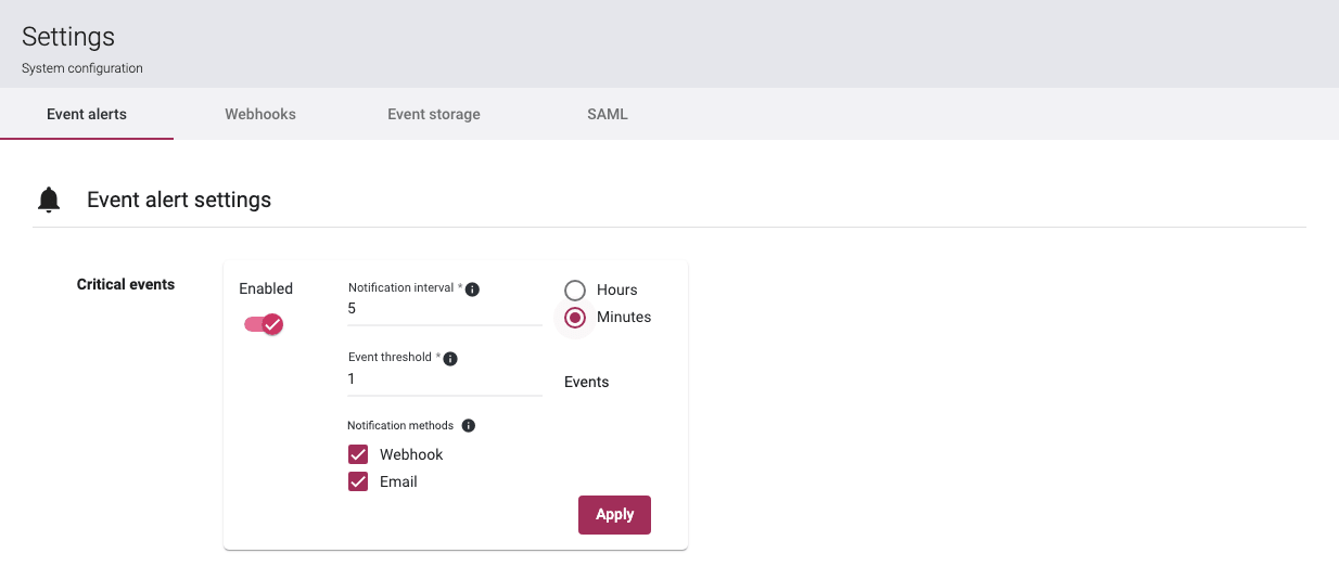 System Settings showing Event Threshold and Notification Methods enable/disable options