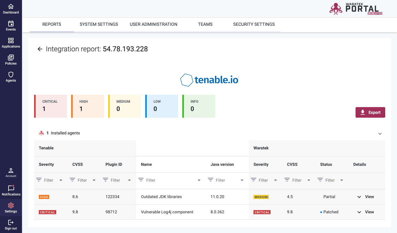 Screenshot of the full Tenable report with filterable columns listing remediated and unremediated CVEs