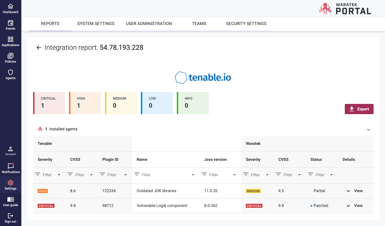 Full Tenable report screen listing Waratek-remediated and not remediated CVEs