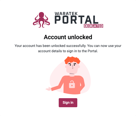 Confirmation screen shown after clicking the Unlock Account button in the email