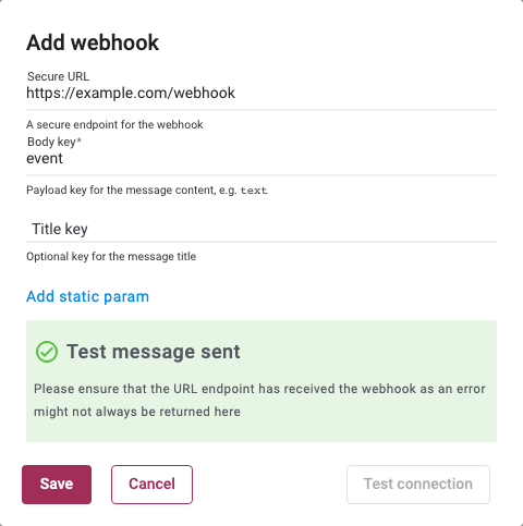 Webhook configuration dialog with Test Connection and Save buttons