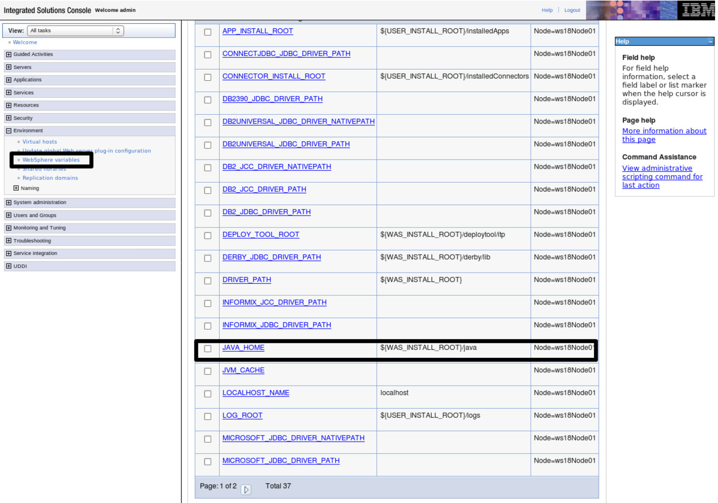 Screenshot of the WebSphere administrative console showing the JAVA_HOME WebSphere variable