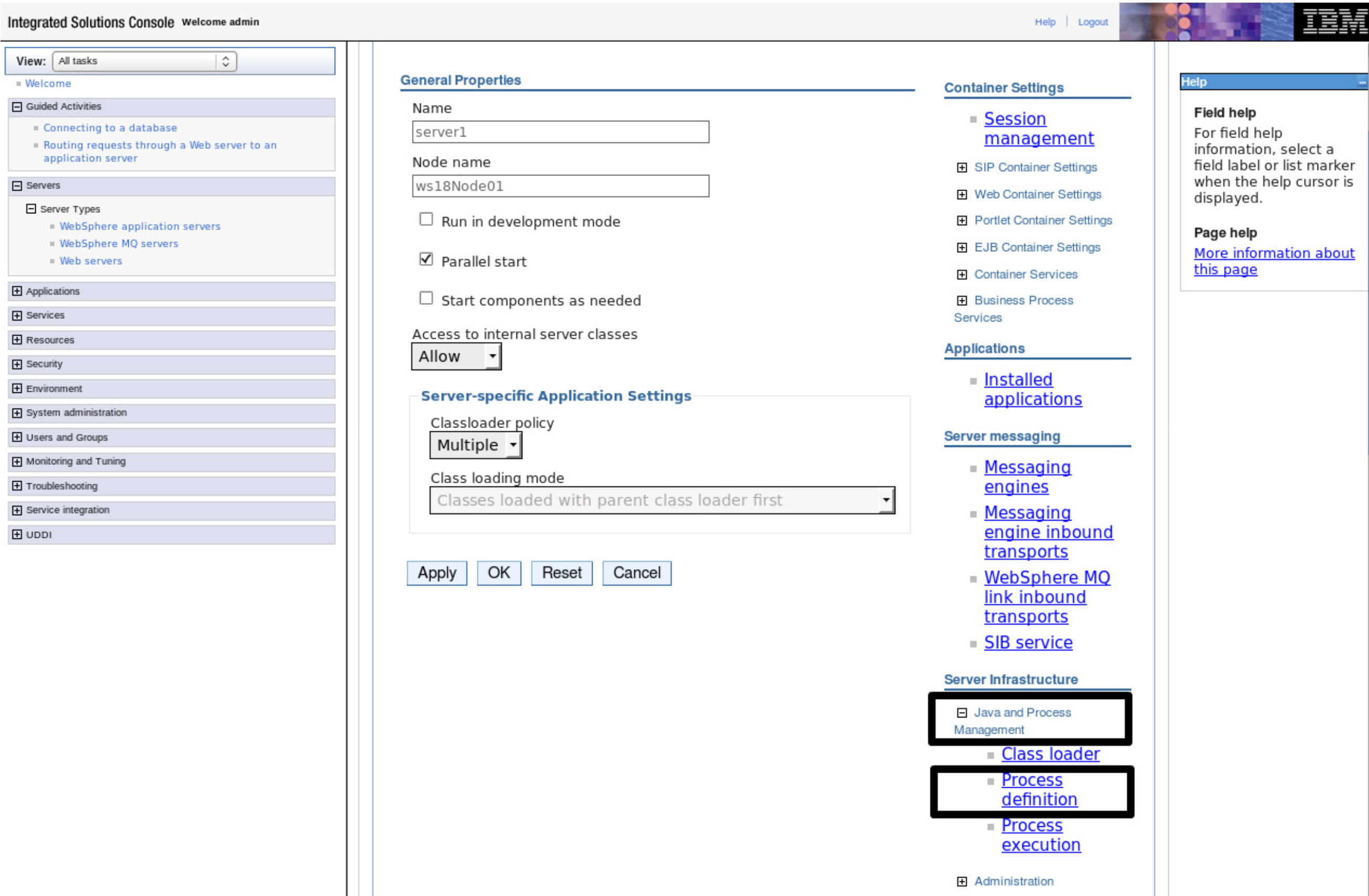 Screenshot of the WebSphere Java and Process Management Process definition page