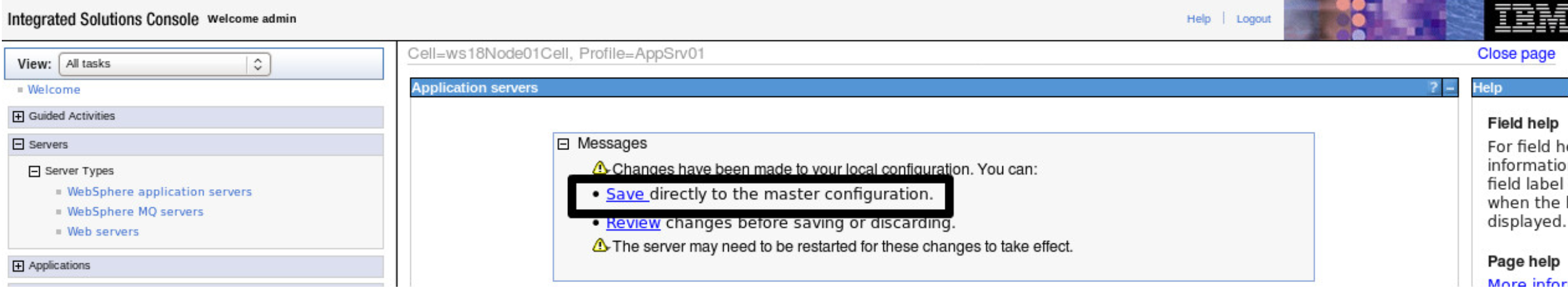 Screenshot of the WebSphere administrative console Save changes confirmation screen
