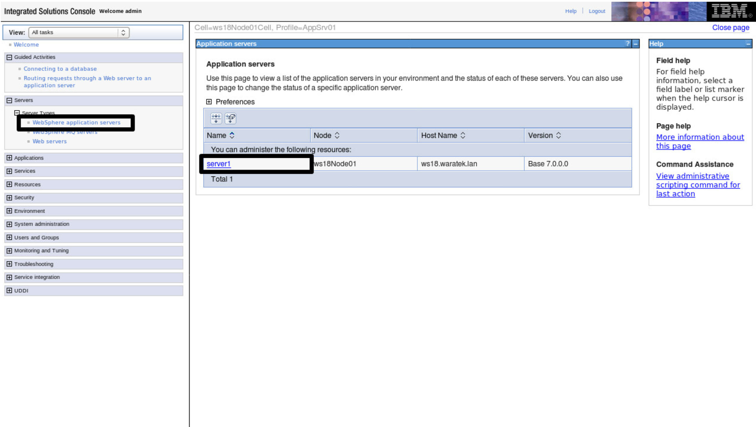 Screenshot of the WebSphere administrative console listing application servers with server_name selected